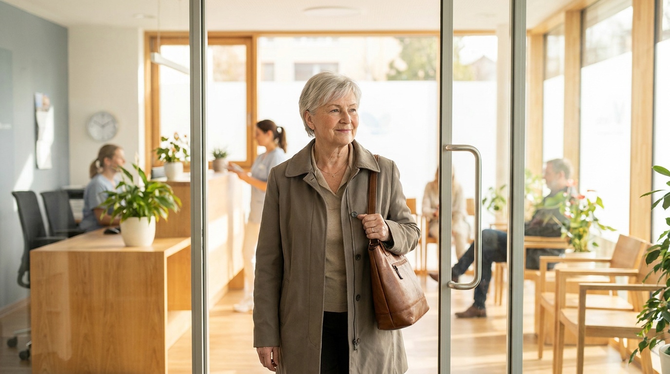 A steady woman in her 80s walking into the physical therapy clinic unaided