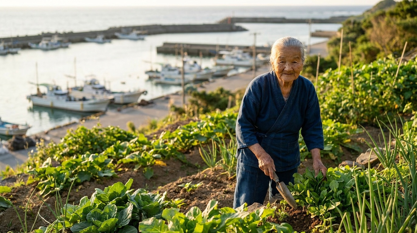 Fumiko tending her hillside garden at golden hour, steady on her feet at 94