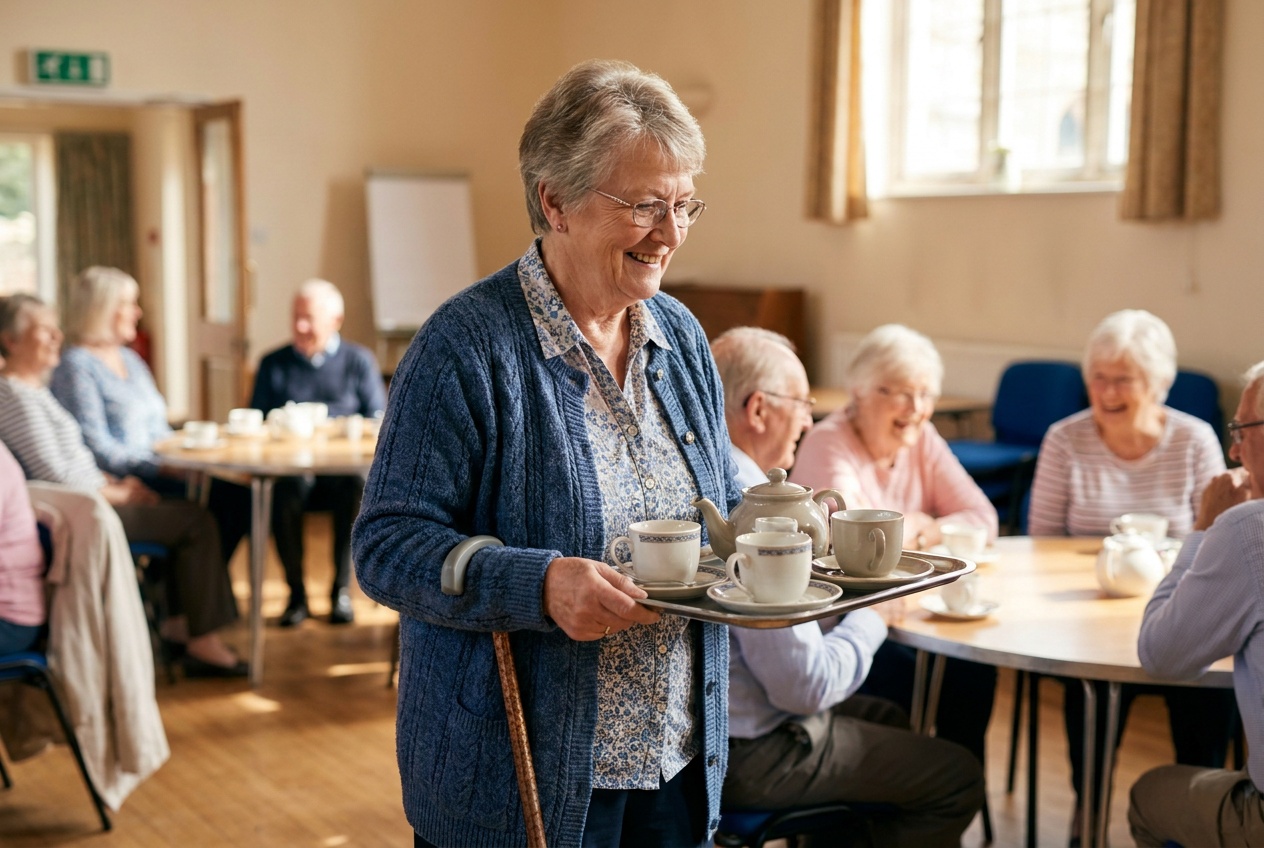 Patricia Healey, 69, steady again carrying a tray of teas at the church hall